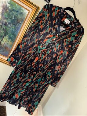 Chloe Stora Abstract Art Print Button-Front Midi Dress in Black, Green & Rust 38